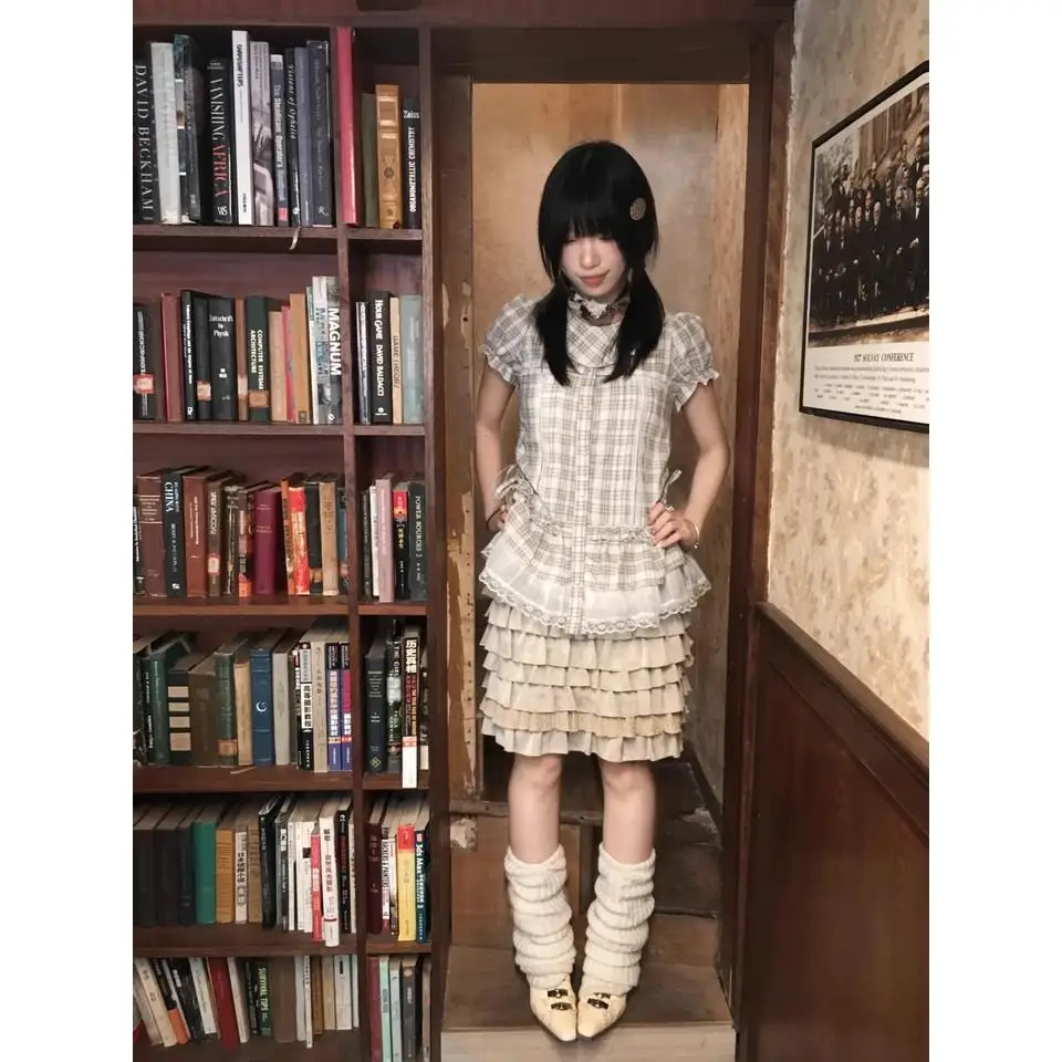 Slim Fit Plaid irt Women's Japanese College Sle Bubble Sve Doll Collar Lace Trim irt Trendy Summer Casual irt