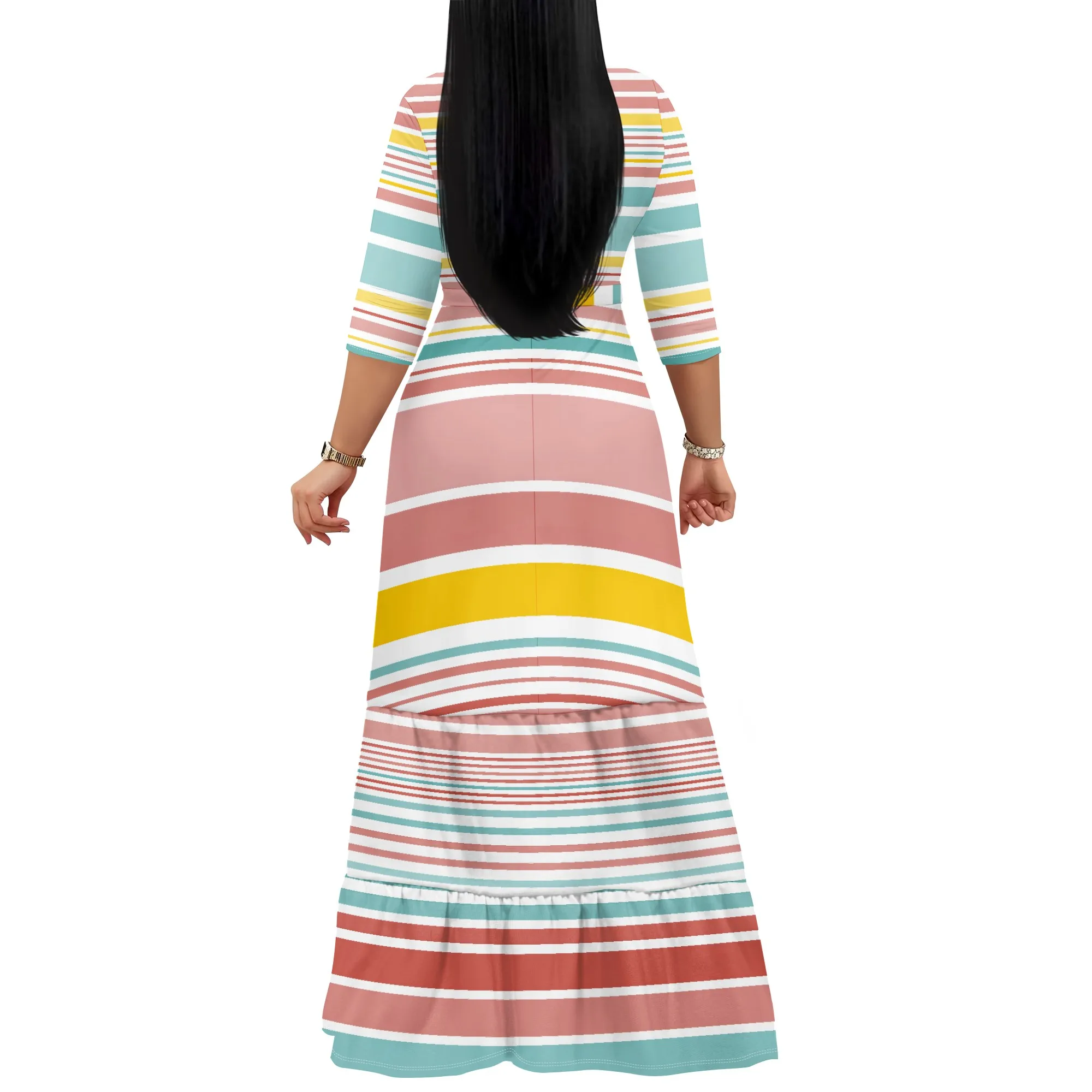 Vestido feminino com cinto de manga comprida, vestido elegante listrado estampado com bainha de três camadas e bolso.