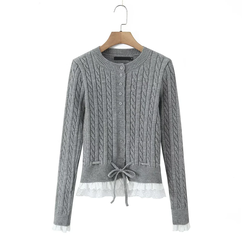 

2026, серый свитер с кружевной отделкой, кардиган для женщин, с длинными рукавами и круглым вырезом, на шнурке на талии, весенне-осенняя верхняя одежда