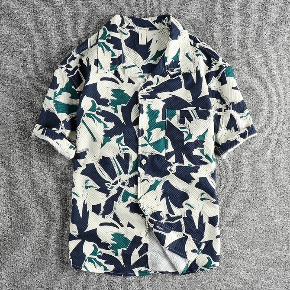 

2024 Summer New Hawaiian Trend Abstract Pattern Short Sleeve Shirt Men's Seersucker Cool Breathable Comfortable Casual Shirt