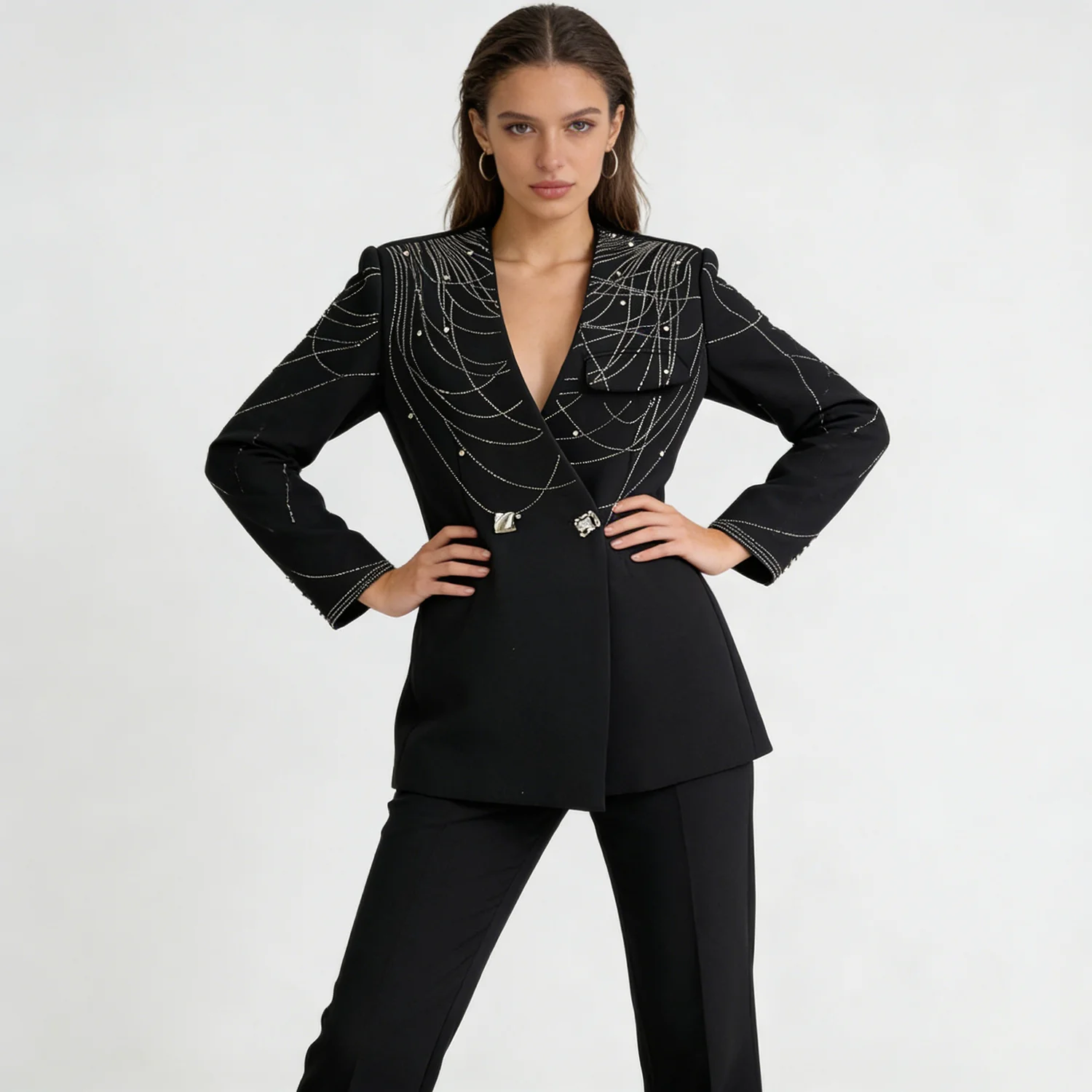 NOVA Women's Black Embellished Blazer 2026 Rhinestone Embroidered Double Breasted Formal Jacket