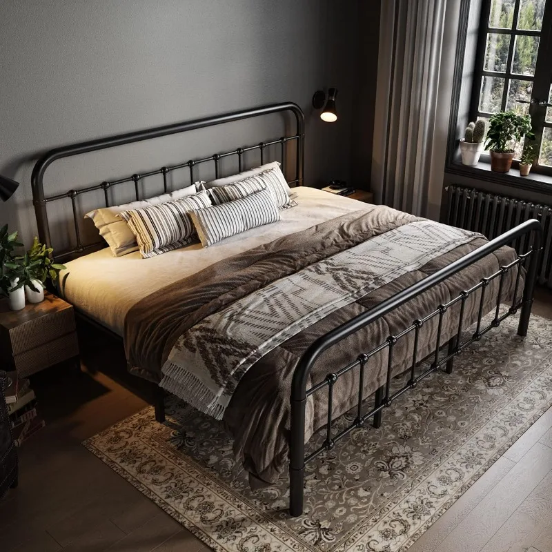 King Size Metal Platform Bed Frame with Victorian Style Wrought Iron-Art Headboard/Footboard, No Box Spring Required