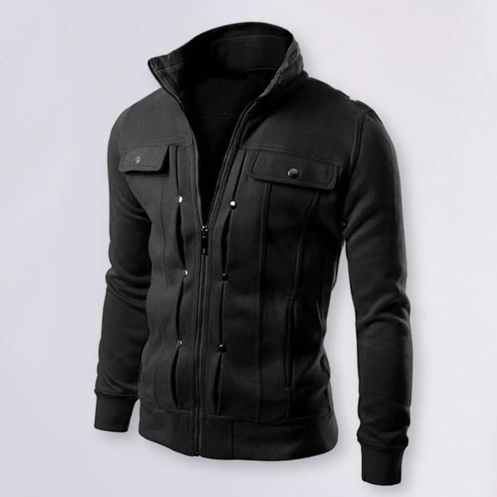 

Men Jacket Stylish Men's Spring Autumn Jacket with Button Zipper Closure Solid Color Stand Collar Outerwear for Casual Long