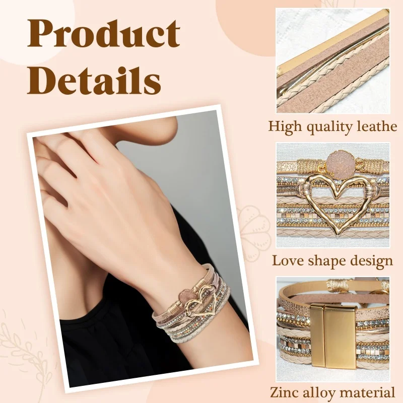 Boho Bracelets Woven Leather Multi-Layer Wrap Bracelet Heart Shape Inlaid Rhinestone Stackable Fashion Women Bracelet Jewelry