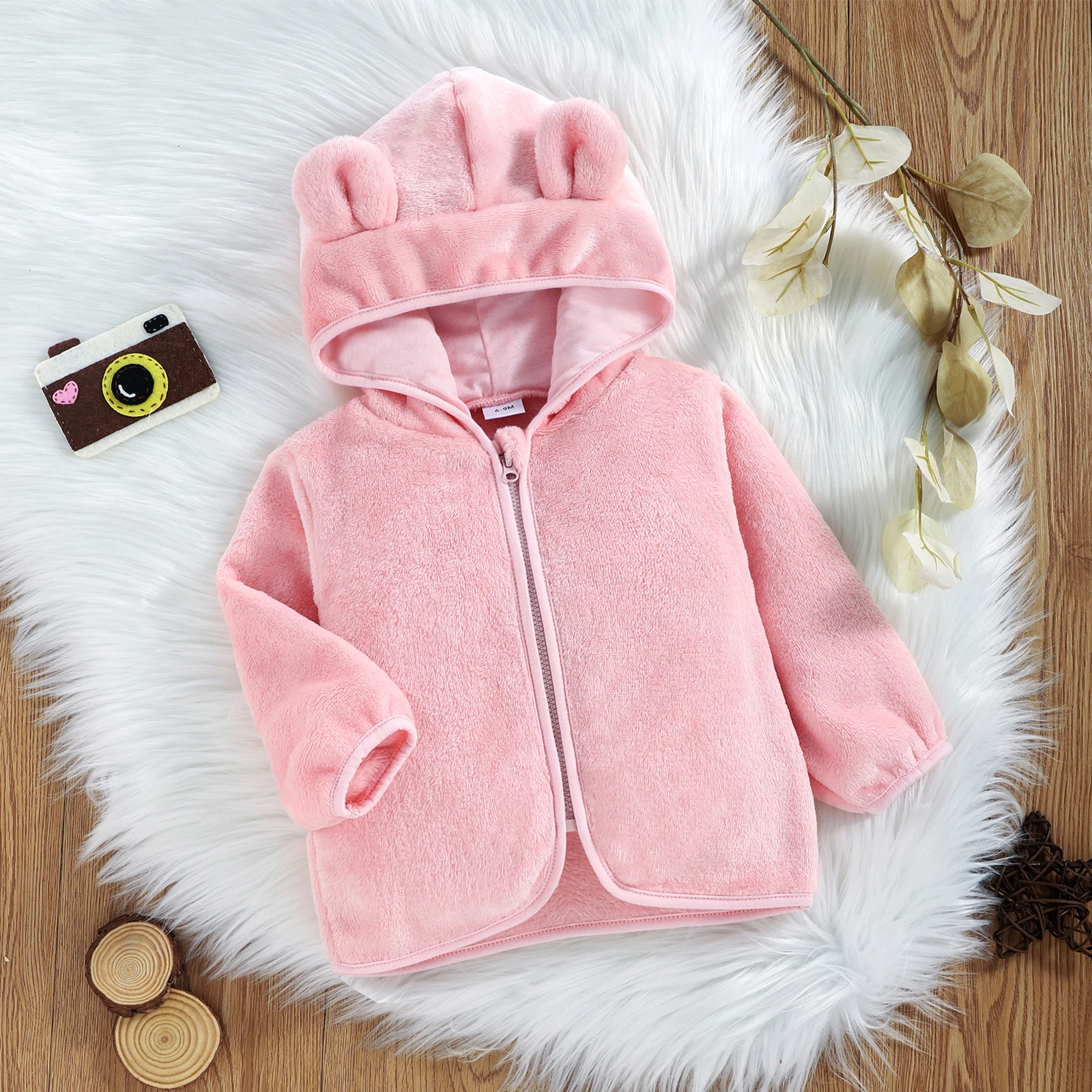Mädchen-Fleecejacke mit Kapuze, rosa, lässiger Herbst-Wintermantel für Babys, weiche Plüsch-Oberbekleidung mit Hut