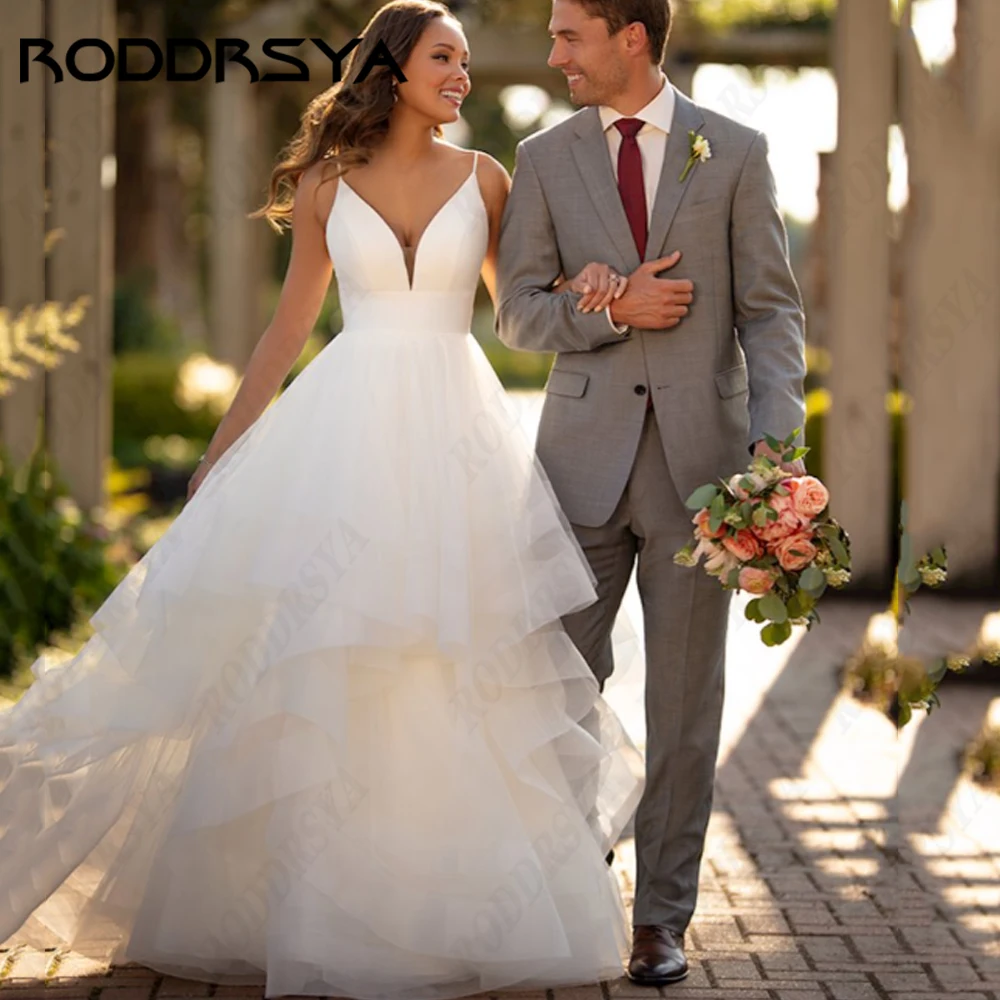 RODDRSYA-vestidos De novia con tirantes finos, tul De encaje, Espalda descubierta, línea A, cuello en V, satén, playa, fiesta De noviavestidos De novia con tirantes finos, tul De encaje, Espalda descubierta, línea A, c