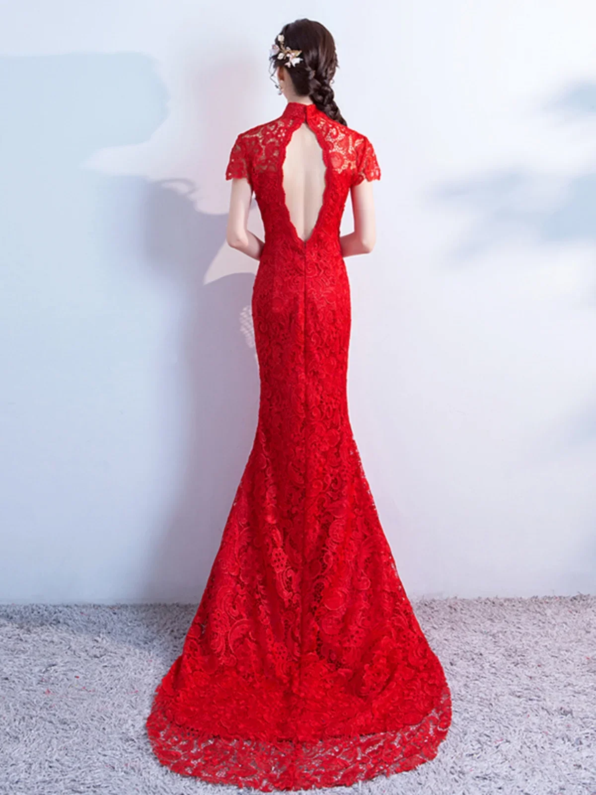 

Fashion Modified Retro Fish Tail Chinese Wedding Bride Toast Banquet Evening Dress