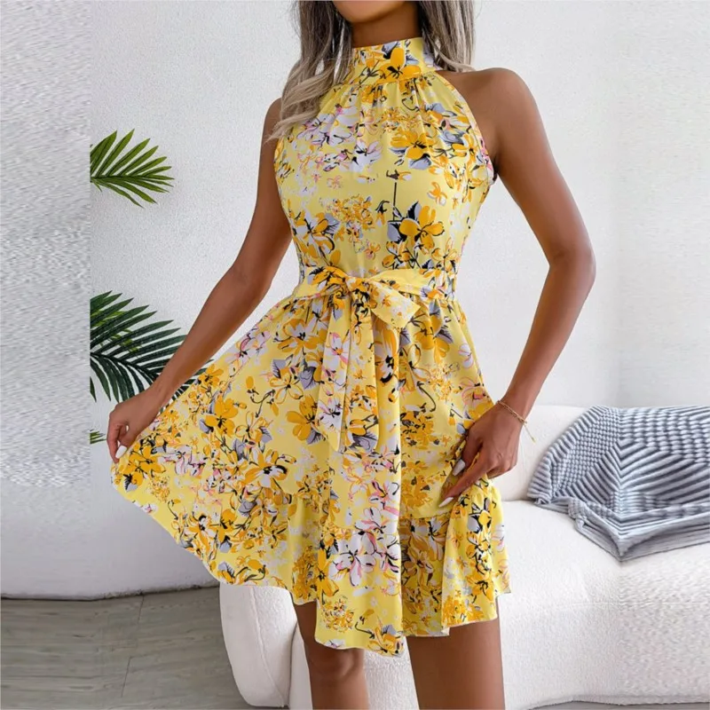 Sexy Lente Zomer Bloemen Halter Hals Vrouwen Jurk Mouwloze Lace Up Verstoorde Een Lijn Sexy Uit De Schouder Mini Jurk Femme Gewaad