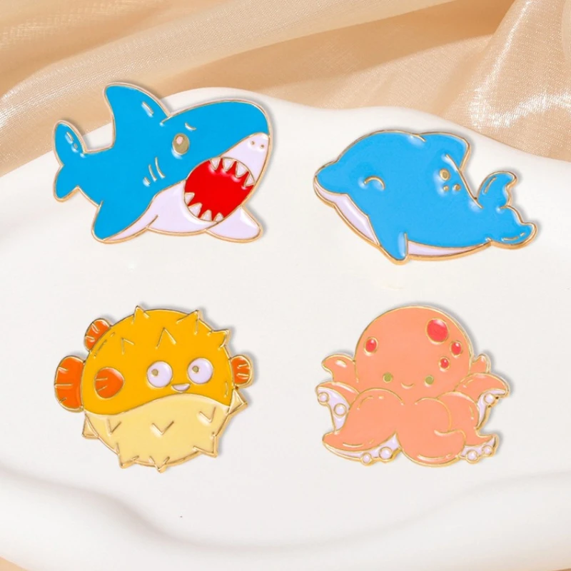 Cute Cartoon Sea Animal Brooch Shark Dolphin Octopus Pufferfish Metal Badge DIY For Clothing Bags Shoes Hat Scarf T-shirt Jeans