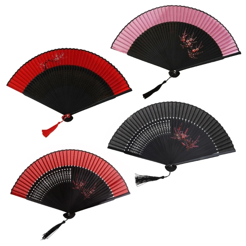 

Handheld Flower Folding Fan Vintage Silk Bamboo Hand Fans with Tassels for Women Performances Dance Decorations Dropship