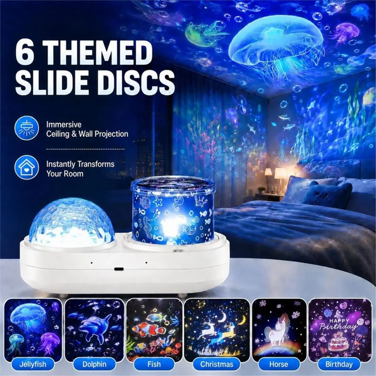 【HOT A88T】 2-in-1 Ocean Projector Night Light, 6 Slides, Color Wave Light, 360° Rotatable Star Projector for Bedroom