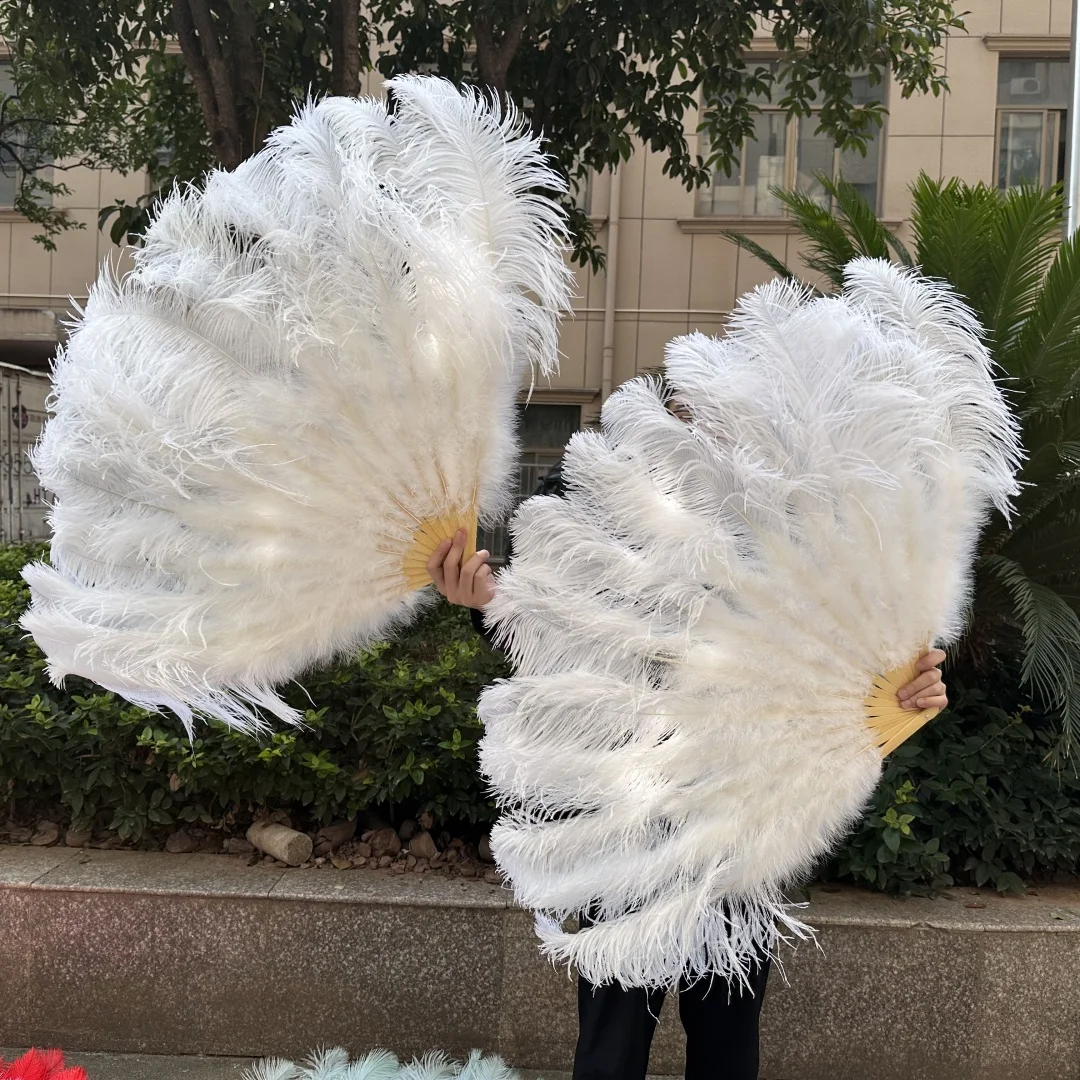 A Pair 13Bone Red Ostrich Feather Fan 130CM Fluffy White Fan for Wedding Party Stage Play & Dance Performance Accessories