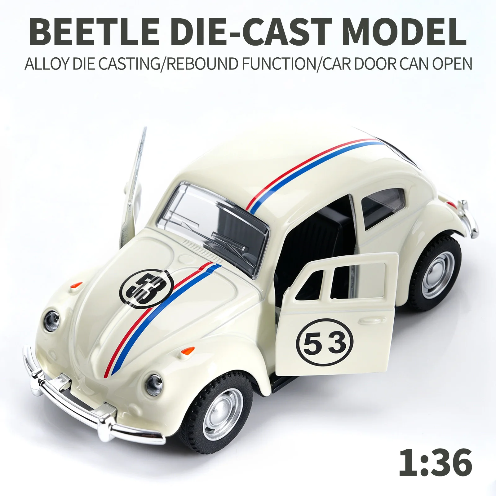 1:36 Scale Herbie No.53 Beetle Diecast Car, Pull-Back Alloy Model with Open Doors, Classic Racing Replica, Cream White Collectib image 5