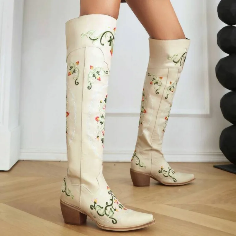 

Winter and Autumn New Style Fashion Pointed Tip Embroidery Sweet Flower Over The Knee High Heels Chelsea Women's Boots High 6cm