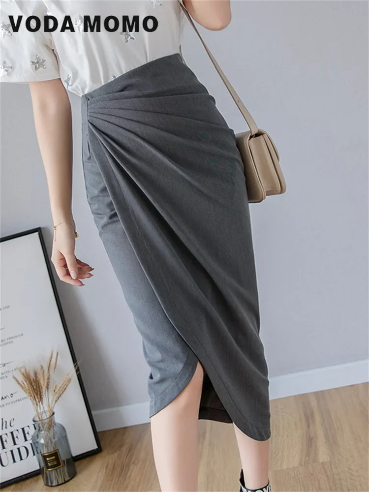 

Юбка на бедрах с высокой талией, повседневные женские милые однотонные юбки, новинка 2023, универсальные летние женские юбки с нерегулярным разрезом, шикарные плиссированные юбки