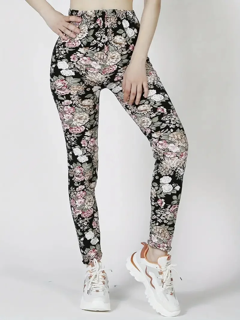 Spring and Summer New Flower Print Slim Fit Hip High Waist Ladies Leggings Pants Pants