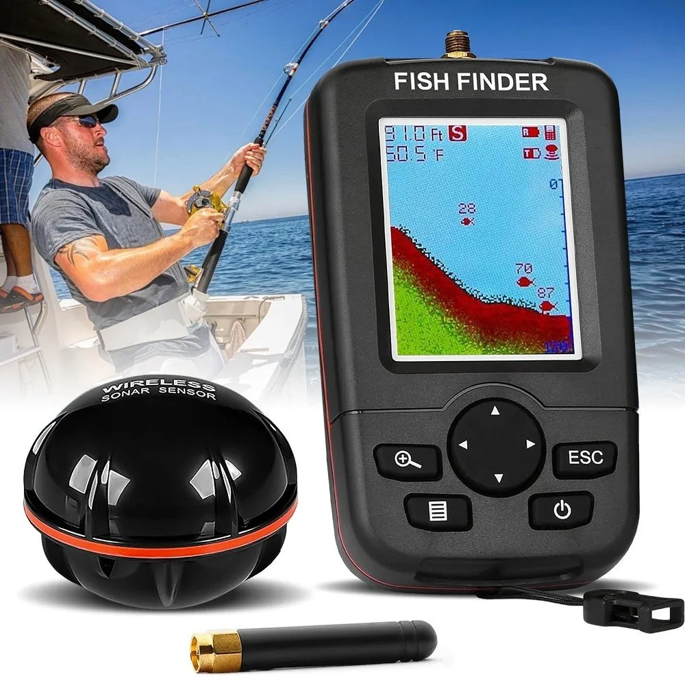 Kabelloser Sonar-Echolot mit 100M Erkennungsreichweite, Hintergrundbeleuchteter Punktmatrix-Bildschirm, Fischfinder für Sommer-Süßwasser- und Salzwasserfischen, Kajak, Ufer, Boot, Campingausrüstung,