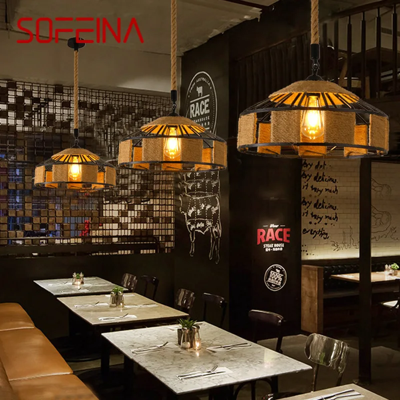 SOFEINA American Style Retrohemp Rope Chandelier Nostalgic Loft Industrial Style Internet Cafe Restaurant Hot Pot Shop Pendant