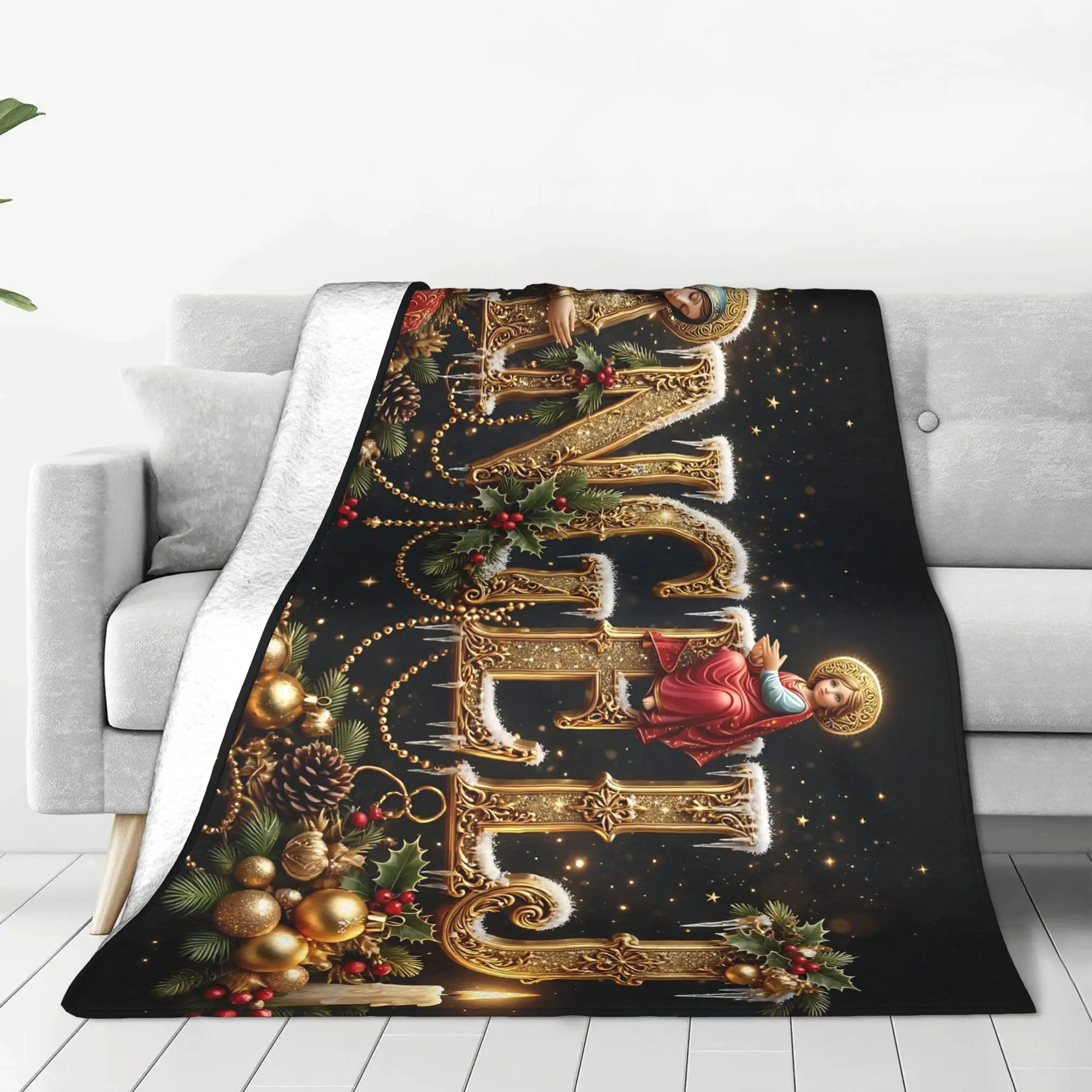 1PC Home Christmas Angel Letter C Red Gold Ribbon Graphic Blanket Throw Blanket  Novelty Warm Blanket Gift for Halloween Thanks