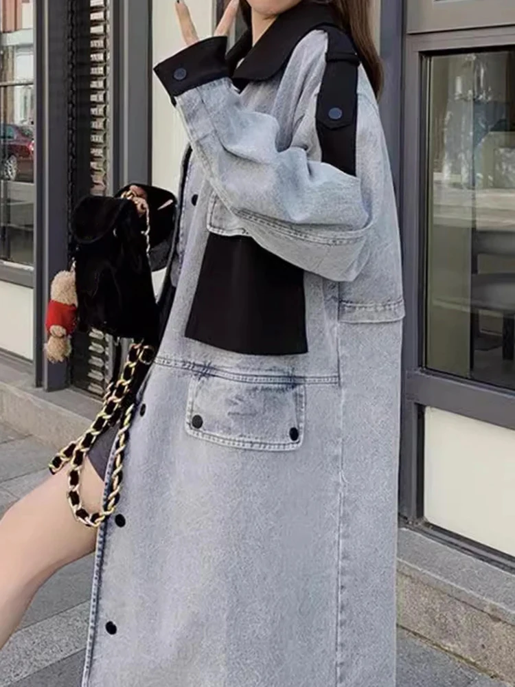 GVUW Denim Trench Coat Women Color Block Single Breasted Full Sleeve Lapel Medium Long Pockets New 2024 Fashion Tops 17G3008