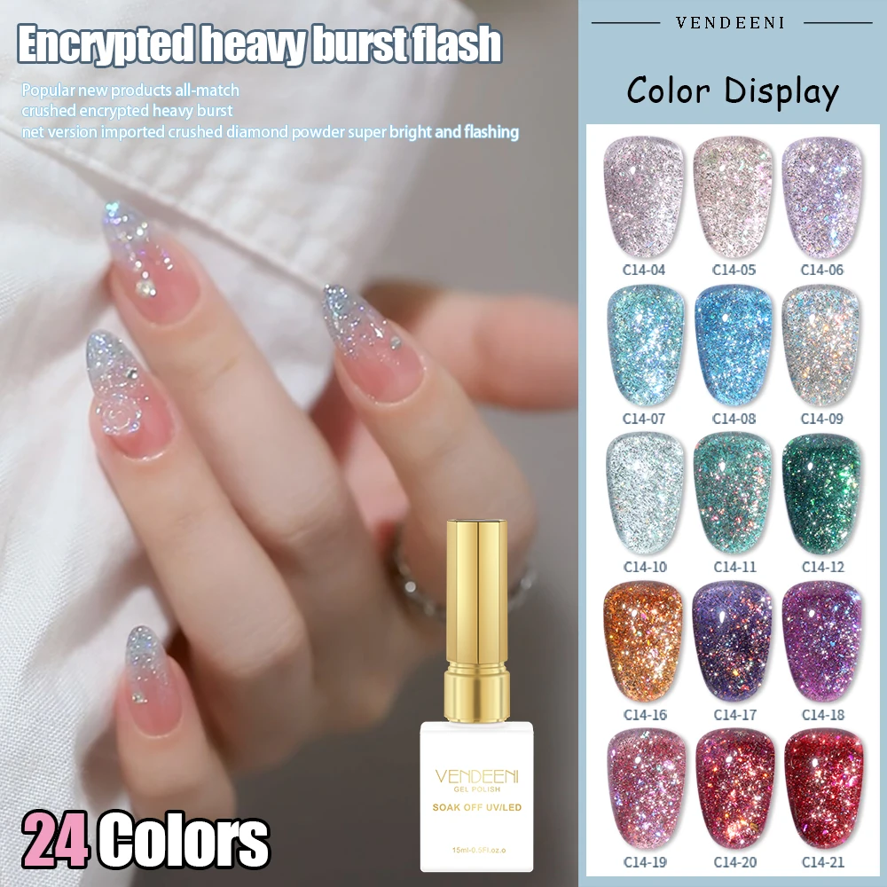 

Vendeeni 24 Colors Explosive Glitter Gel Nail Polish Sparkling UV Soak Off Gel Varnish High Density Flash Nail Art Gel Lacquer