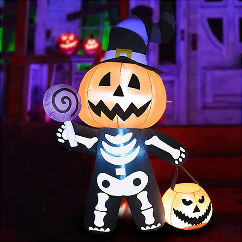 

6FT Halloween Inflatables Skeleton Ghost Carrying Pumpkin and lollipop Decoration with LED Lights Outdoor Garden Courtyard Decor
