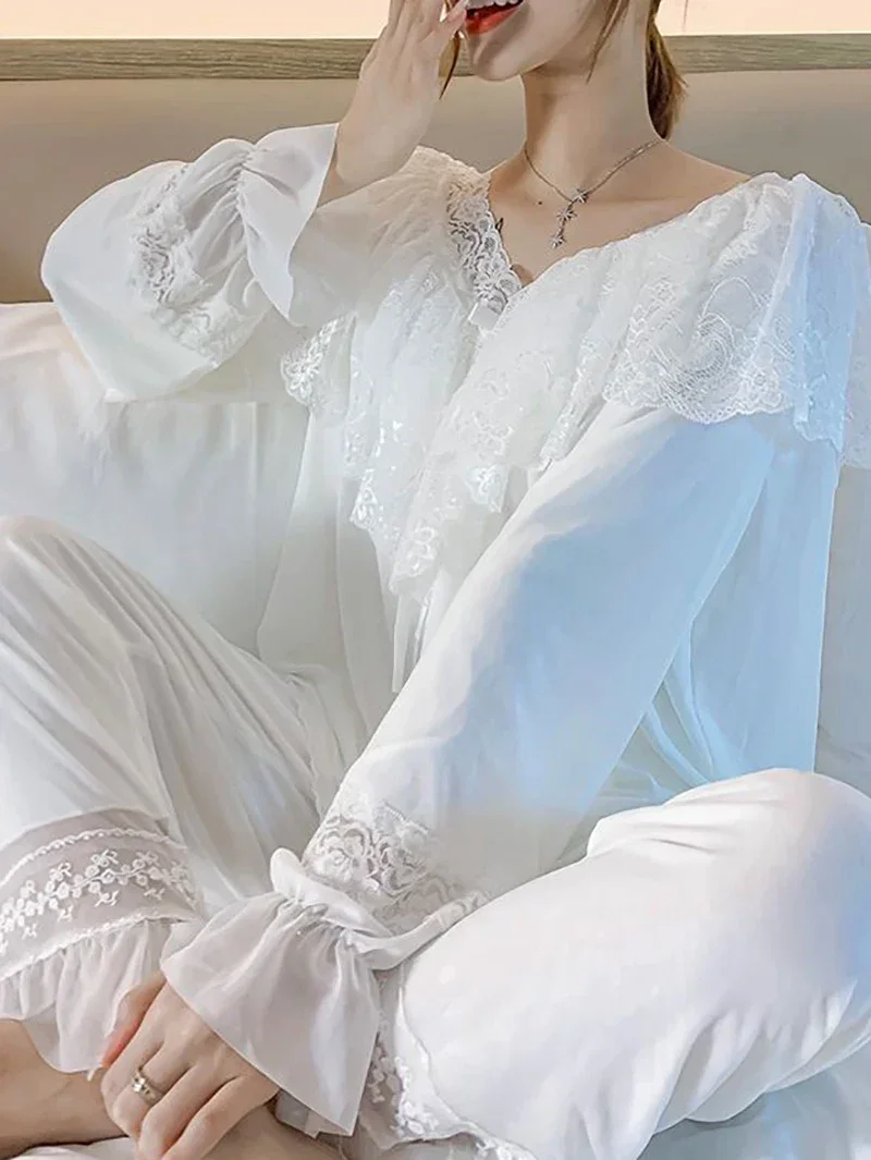 

Women Fairy Ruffles Modal Lace Victorian Pajamas Loungewear Two Piece Pantsuits Lolita Vintage Princess Nightgowns Sleepwear