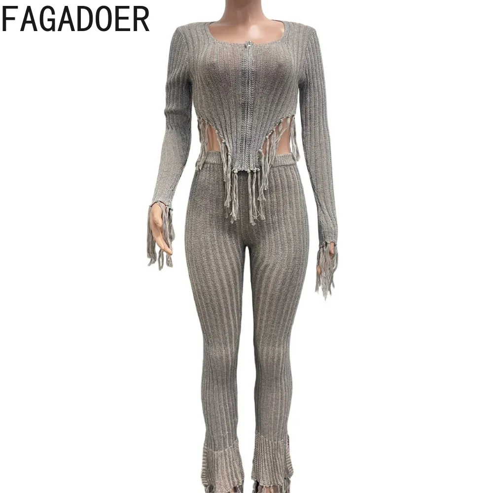 FAGADOER Y2k Sexy Knit Tassel Patchwork Woman 2 Piece Set Outfit Solid Color Long Sleeve Top + Pants Matching Female Streetwear