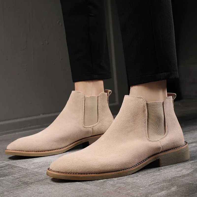 

British Style Men's Genuine Suede Leather Chelsea Boots High-top Business Dress Shoes Fashion Warm Winter Men Ankle Boots