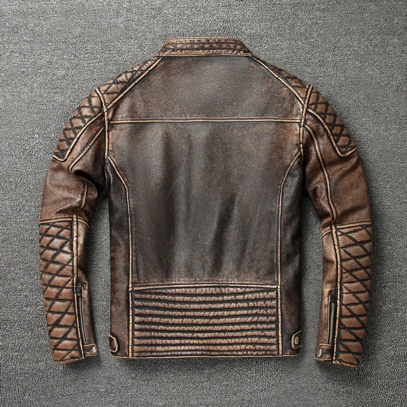 Men's NEW Vintage Motorcycle Stand Collar Natural Jacket Classic Top Layer Cowhide Moto Suit Biker Clothing