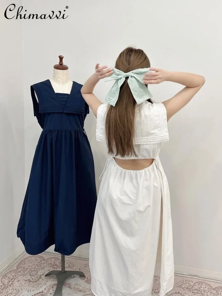 Japanese Fashion Navy Collar Back Waist Sleeveless Sailor Dress New 2024 Summer Academy Style Elegant Girls Mid-length Dresses