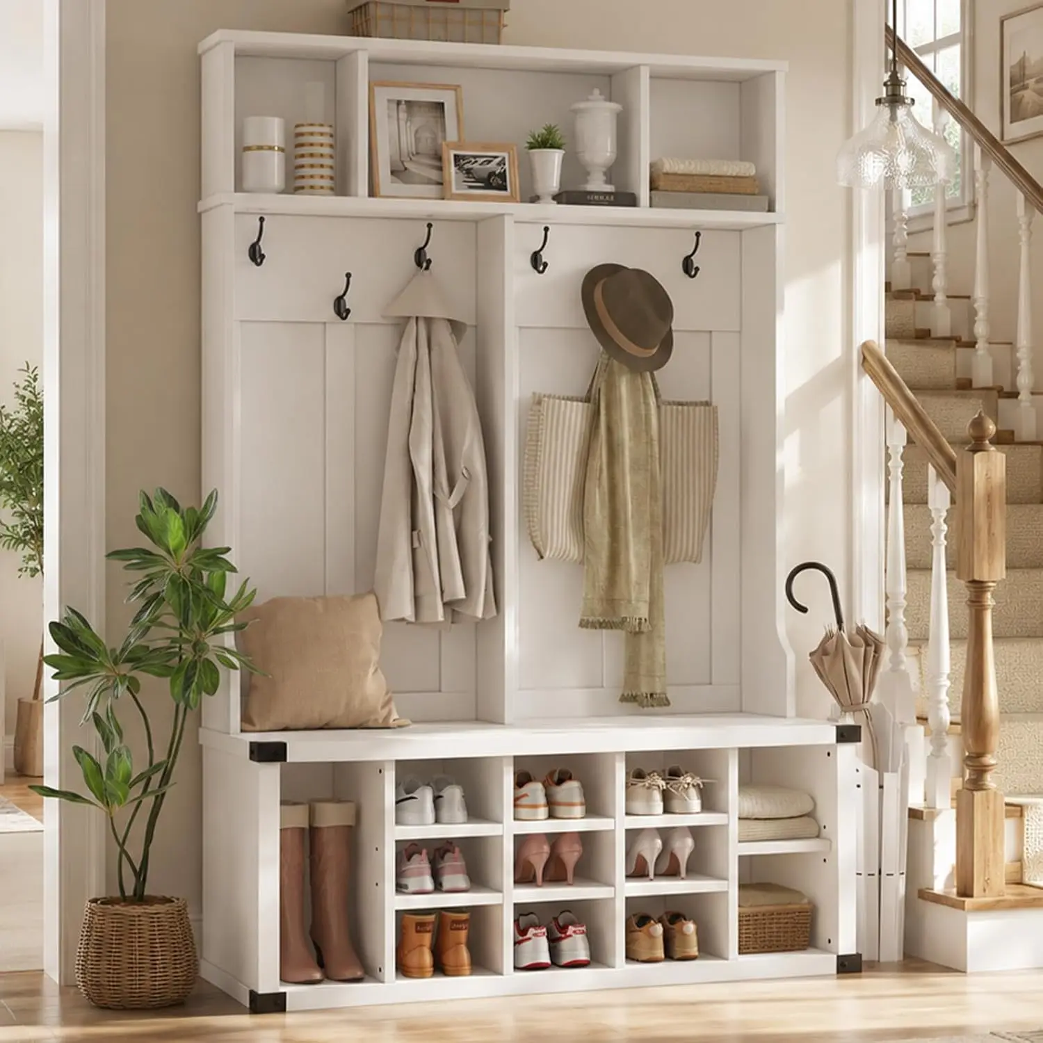 Large 5-in-1 Mudroom Storage w/ 6 Tri-Hooks & Seating, 13 Cubbies & Adjustable Shelf, Metal Corner Protctor, White