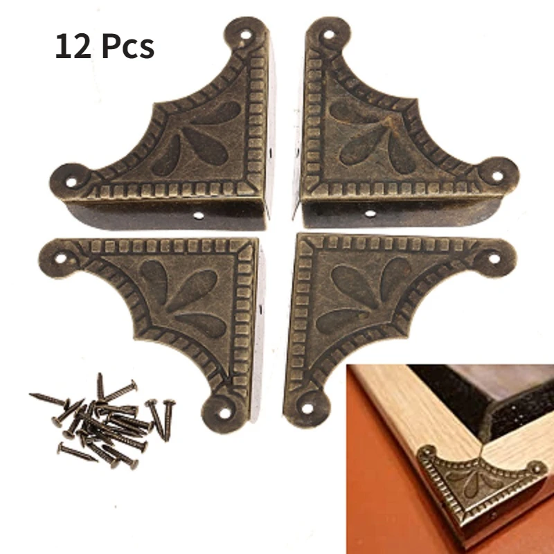 12Pcs Antique Brass Jewelry Box Corner Cover Decorative Chest Table Desk Photo Frame Corner Protector Guard Edge Cover+Nails