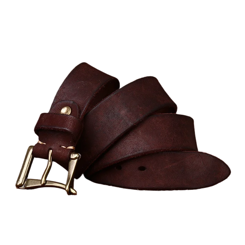 Retro handmade leather belt for men with a unique antique bronze buckle.