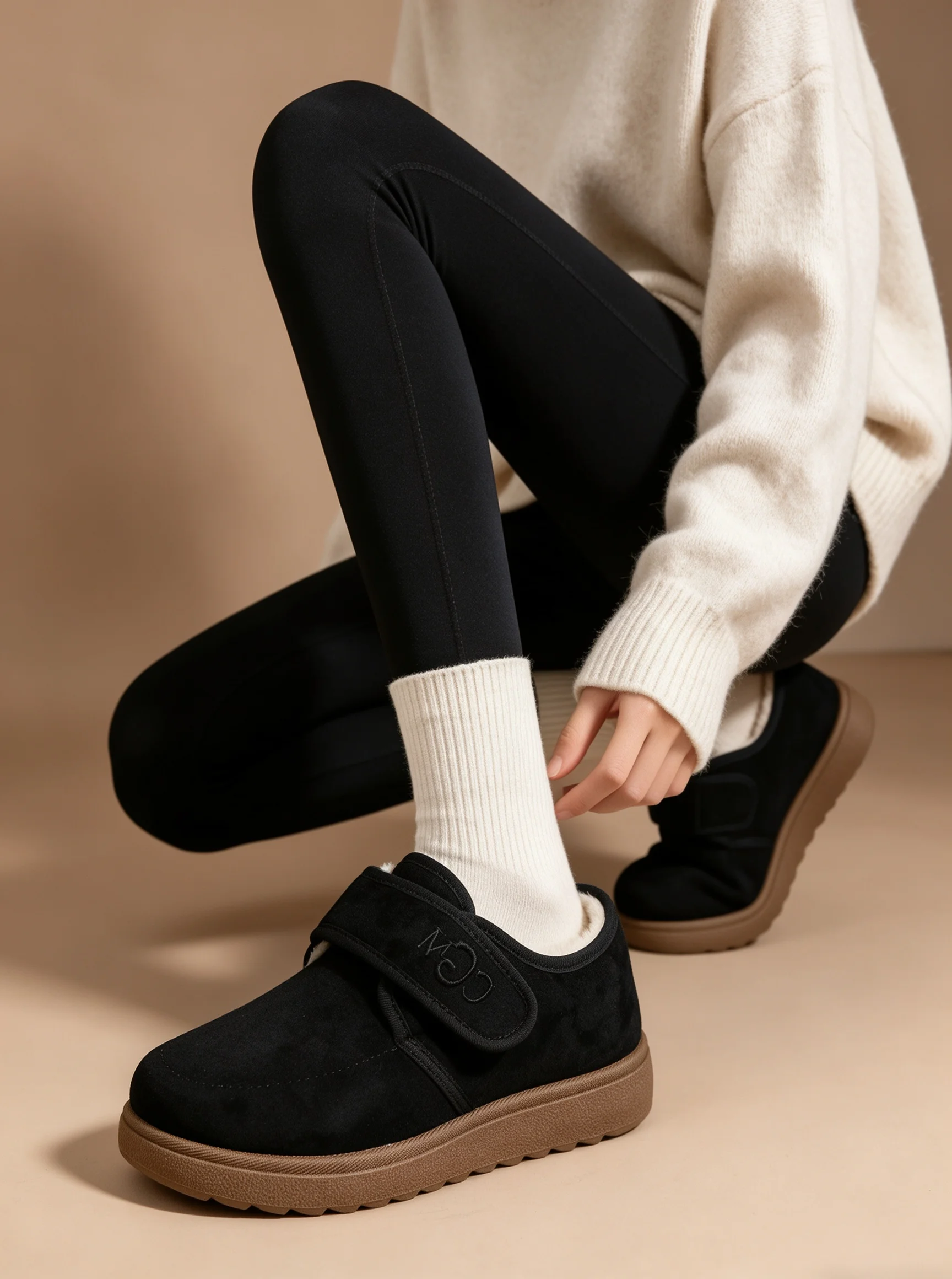 Damen-Winter-Fleece-Innensohlen-Loafer mit Obermaterial aus ultrafeinem Faser-Wildleder und thermischem Baumwollfutter mit Klettverschluss, lässige Outdoor-Schuhe – Detail 11