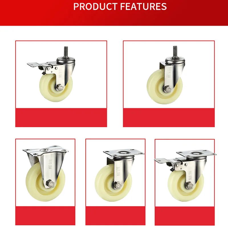 304 stainless steel Casters wheels nylon wheel high load bearing No rust For Humid environment Industrial casters