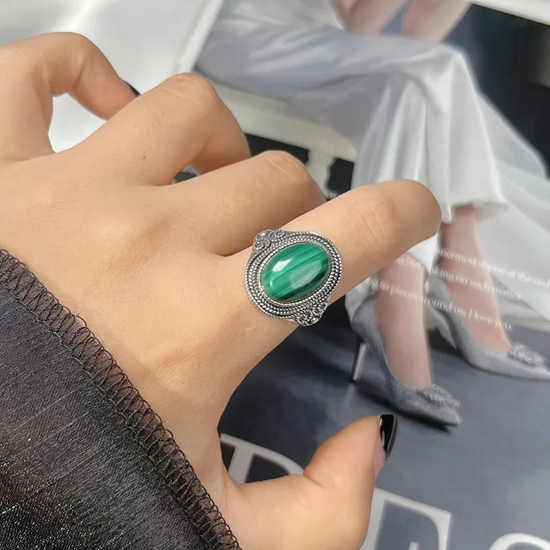 Personalized retro natural colored treasure malachite tiger eye blue gold gemstone ring women's S925 sterling silver index