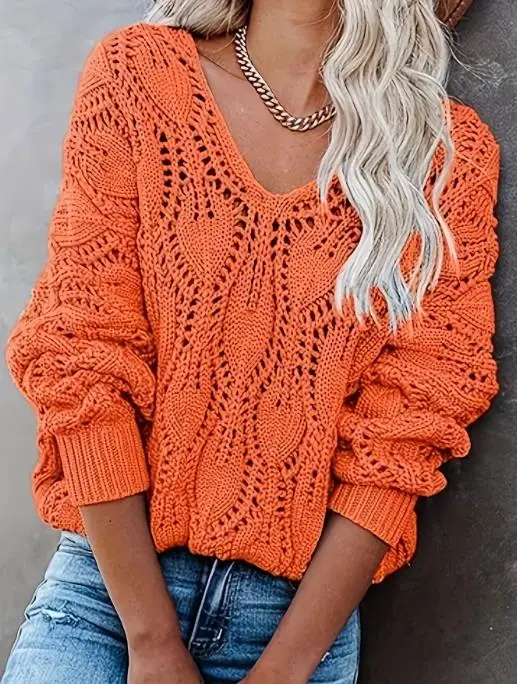 

Autumn V-Neck Hollow Out Long Sleeved Knitted Sweater for Women, Casual and Sexy Solid Color Loose Long Sleeved Knitted Sweater