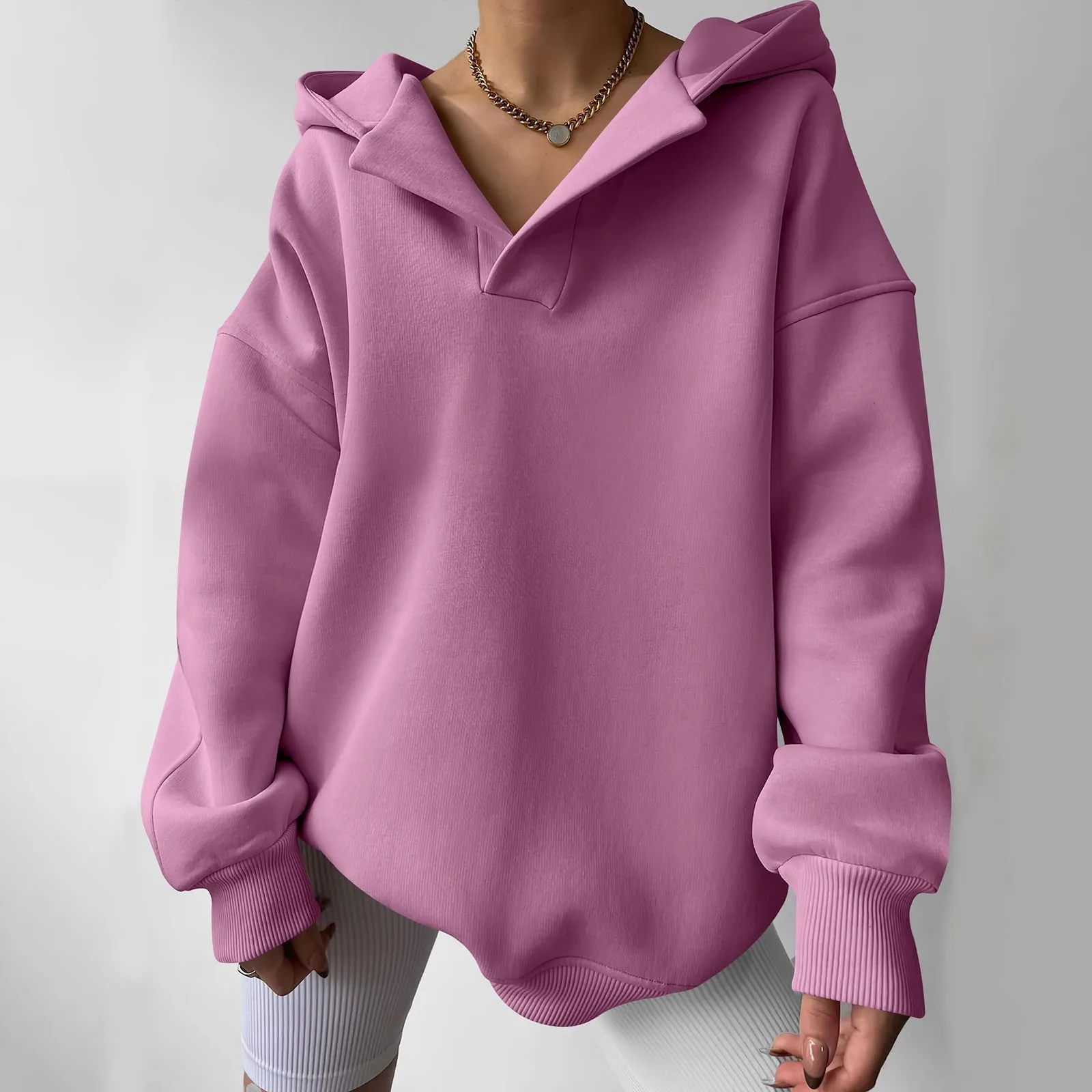 

Female Fashionable Solid Color V Neck Hoodies Long Sleeve Hooded Casual Loose Tops Simplicity Versatile Ladies Pullovers