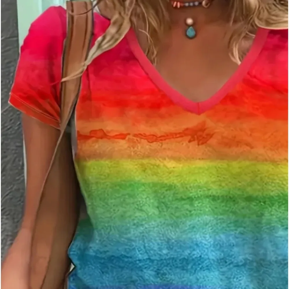 Plus Größe 1XL-5XL Neue frauen Hals T-Shirt Damen Casual Ombre Regenbogen Gradienten Druck Kurzarm T-shirt Tops