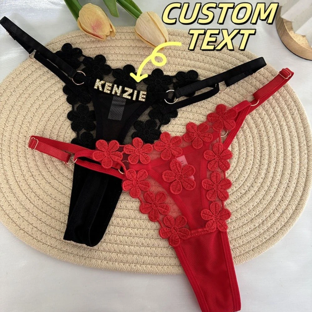 Personality Custom Name Thong Sexy Mesh Flowers Panties Adjustable Waist Belt G-String Low Waist Briefs Girlfriend Wife Gift