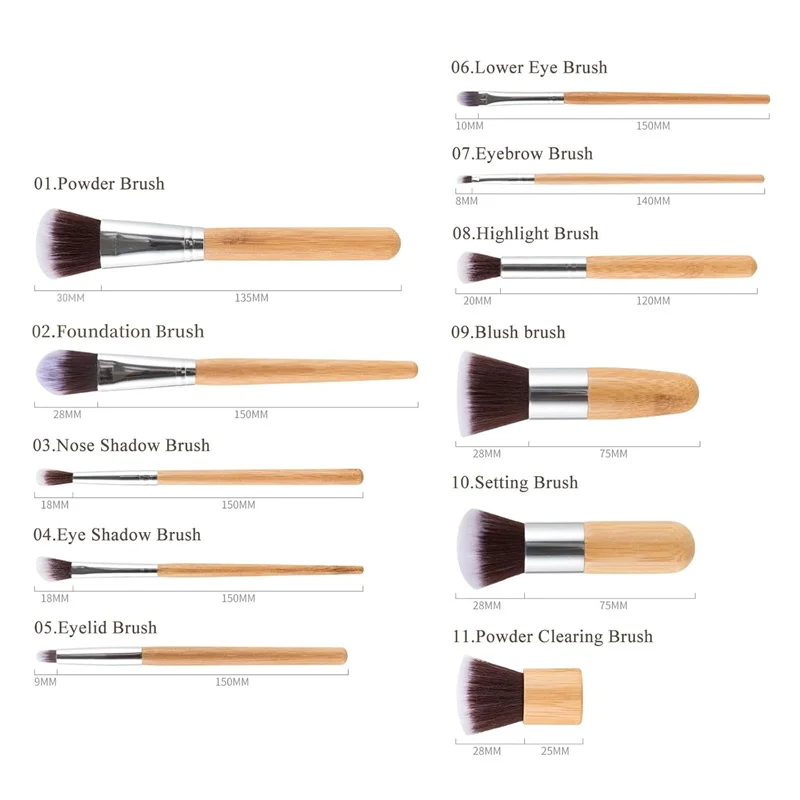 Conjunto de pincéis de maquiagem profissional, 11 peças, cabo de bambu, cerdas sintéticas macias, base, corretivo, pó, blush, sombra