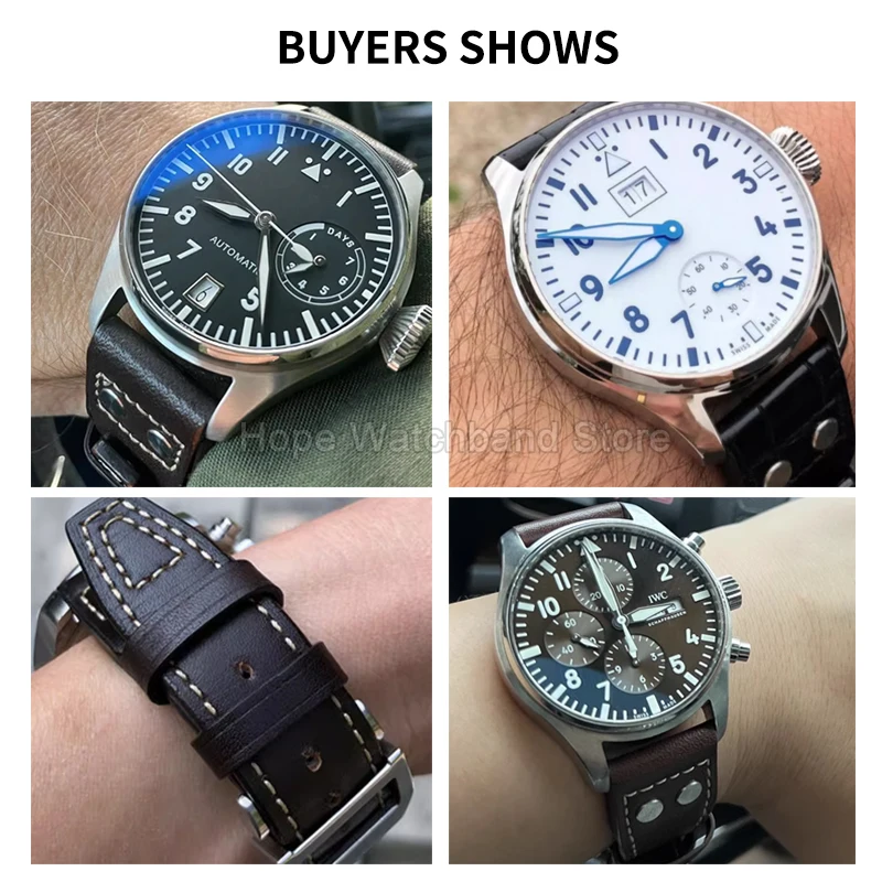 สายนาฬิกาหนังวัวแท้สีดำน้ำตาล ขนาด 20 21 22 มม. สำหรับนาฬิกา IWC Pilot's Portofino Spitfire ดีไซน์ตกแต่งหมุดยึดแบบเรียบ