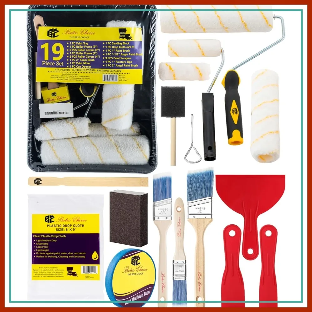 

19 Pcs Paint Roller Kit with Microfiber Sleeves, Tray, Brush, Scrapers for Walls & Furniture
