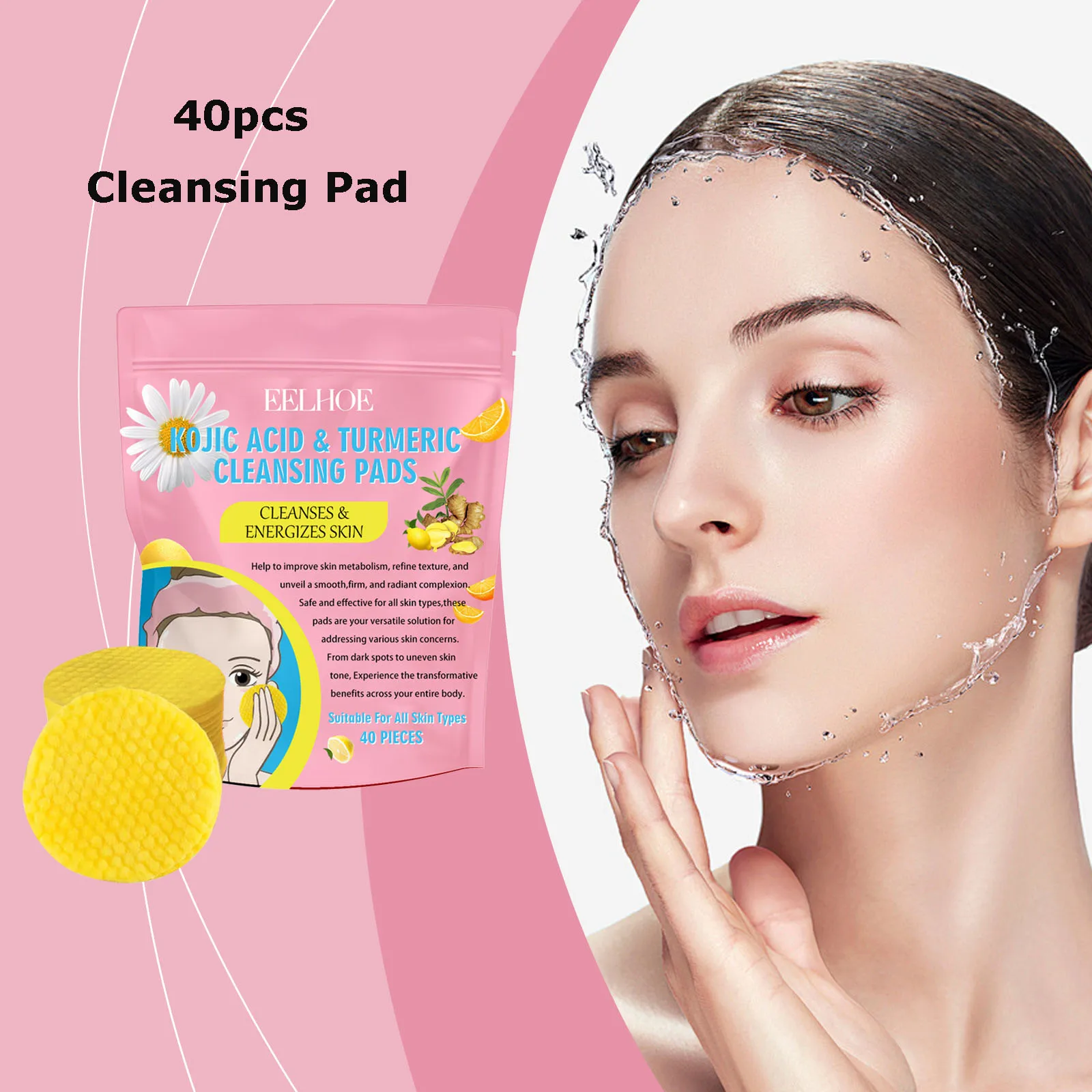 

40pcs Cleansing Pad Fades Acne Turmeric Kojic Acid Gentle Cleansing And Skin Care Brightens And Refines Pores On The Face