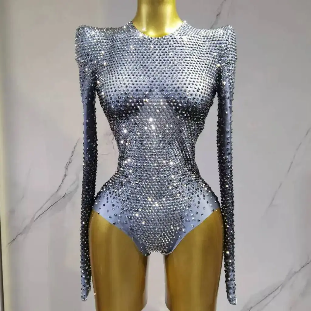 

2025 Silver Rhinestones Long Sleeve Stretch Bodysuits for Women Sexy Evening Luxury Birthday Party Nightclub Stage Costume