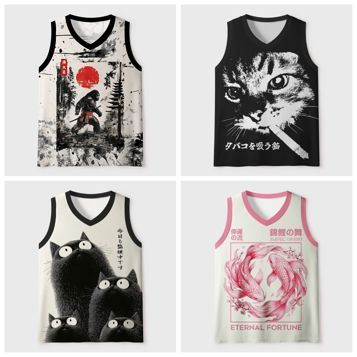 2026 new V-neck mesh basketball sports vest, Japanese ukiyo-e animal print sleeveless fitness muscle breathable sports jersey