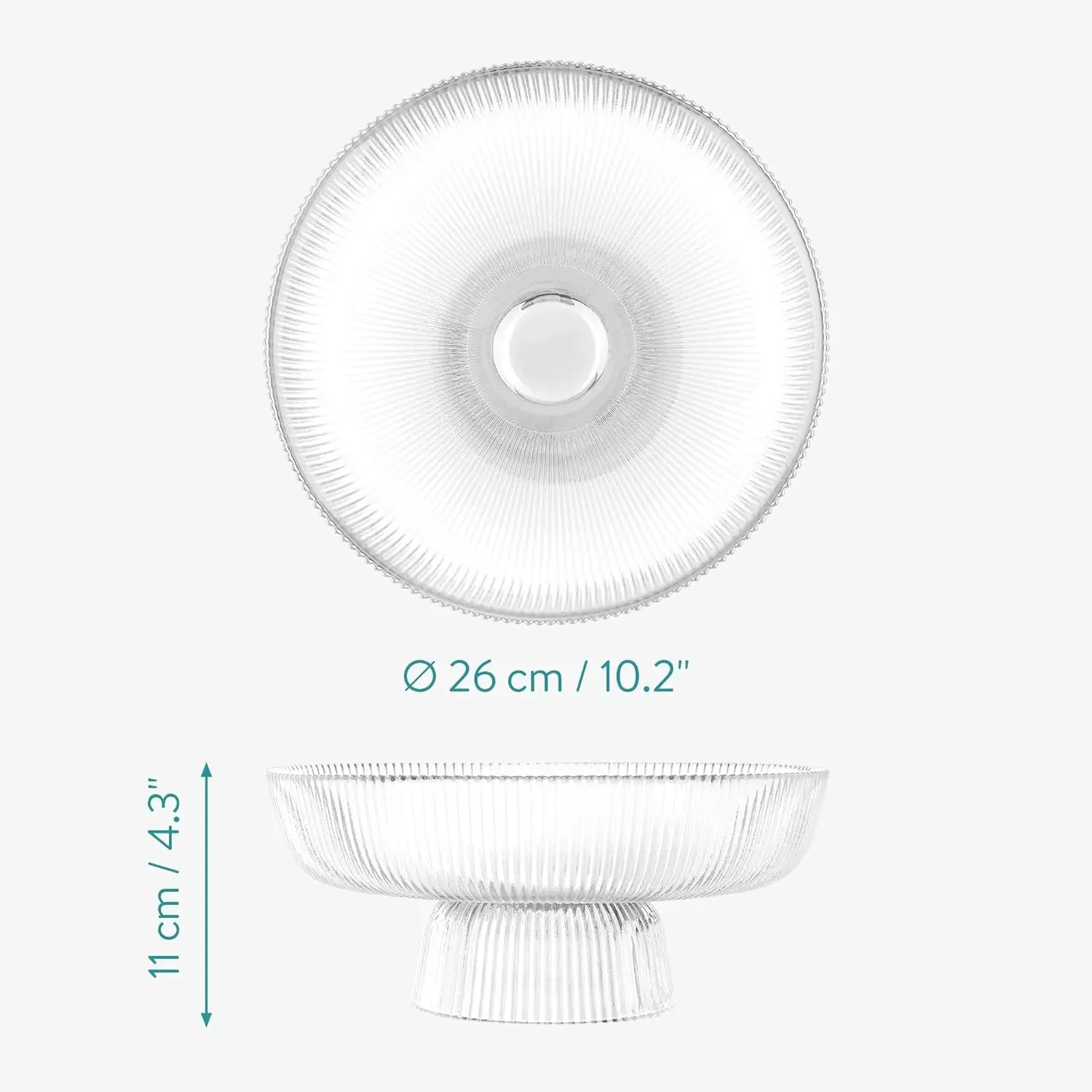 Glass Fruit Bowl - Decorative Fluted Transparent Glass Bowl for Fruit Snacks Sweets - 26cm Diameter Table Centerpiece Dish