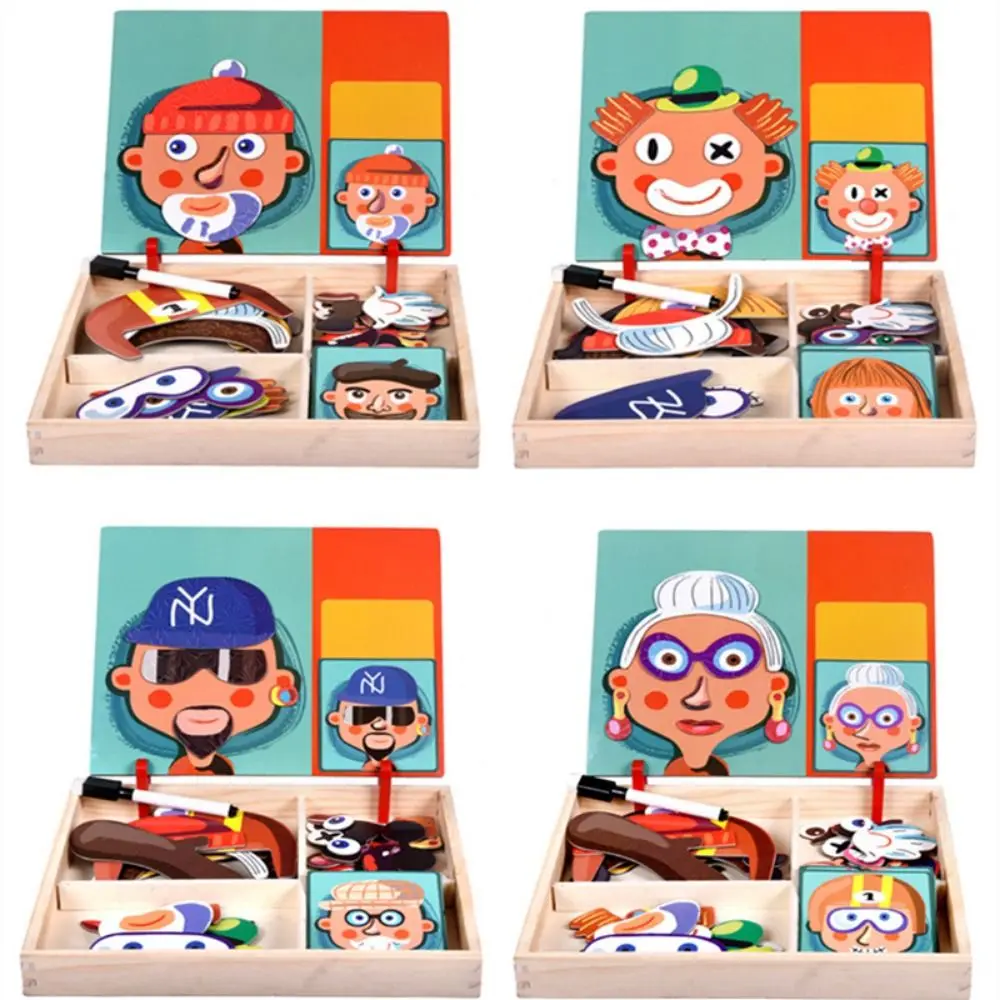 Wood Magnetic 3D Puzzles Reusable with Lid Kids Drawing Whiteboard Educational Blackboard Magnetic Stickers Toys Children Gift