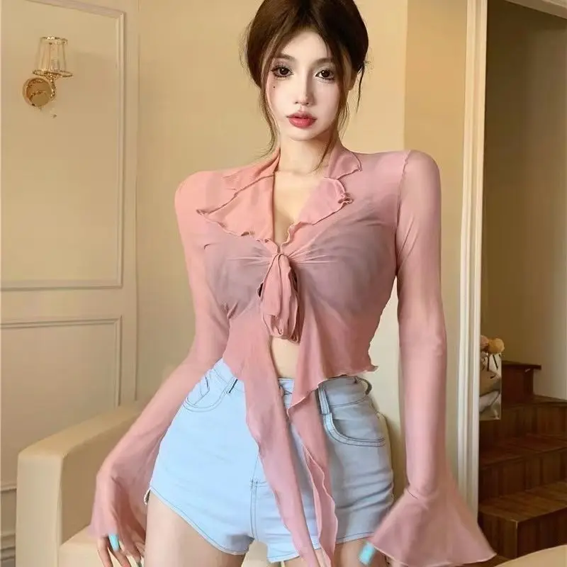 

Long Flare Sleeve Blouses for Women Lace-up Mesh Sexy Sweet Hot Girls Korean Fashion Style All-match Solid Design Elegant Casual
